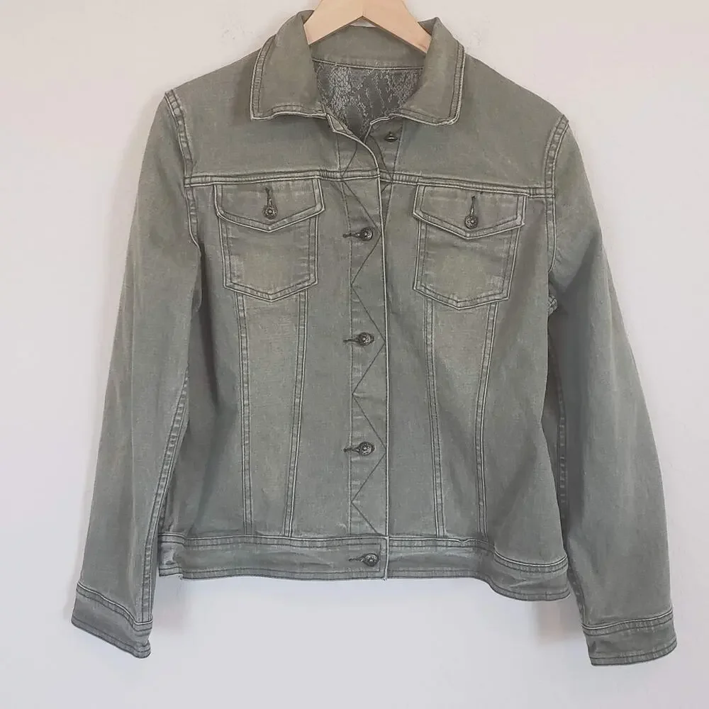 Reversible‎ Denim Jacket Green and Snake Print Women's Large Transitional Casual